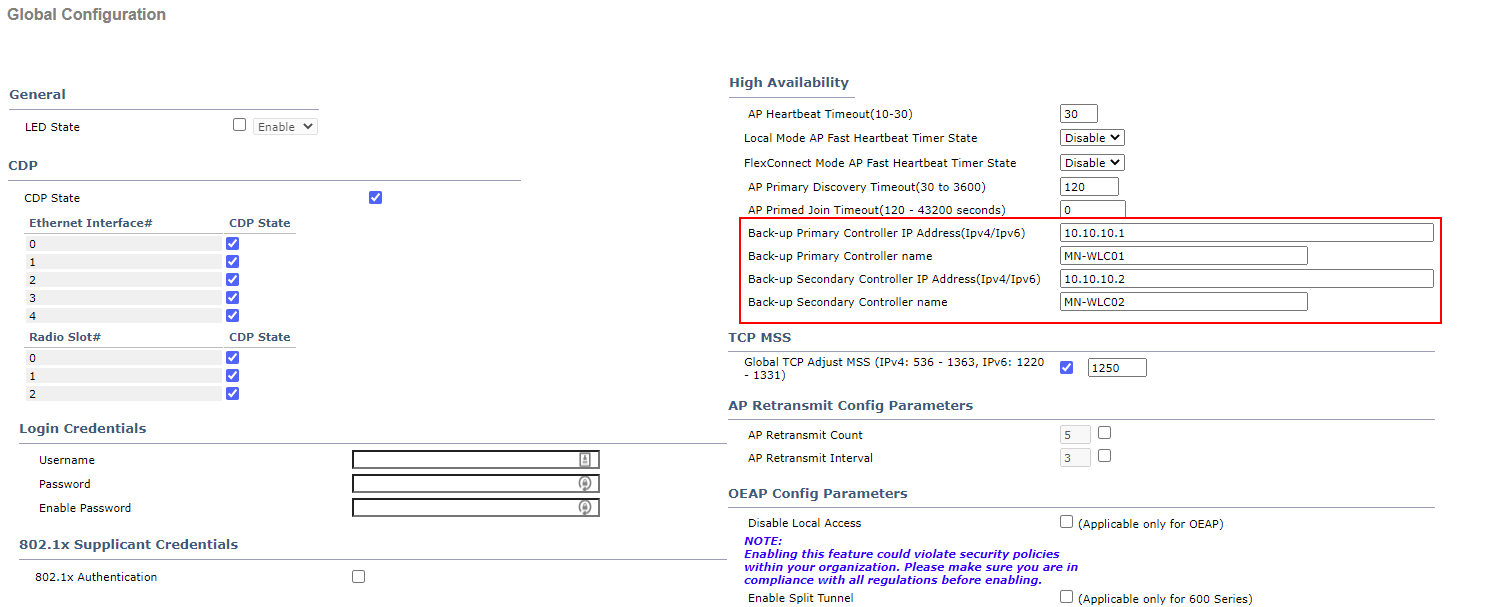 Cisco WLC Global AP Configuration