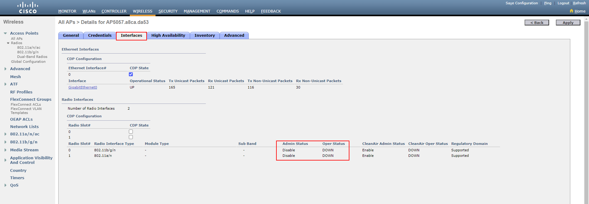 Out of Box AP Disabled Interfaces