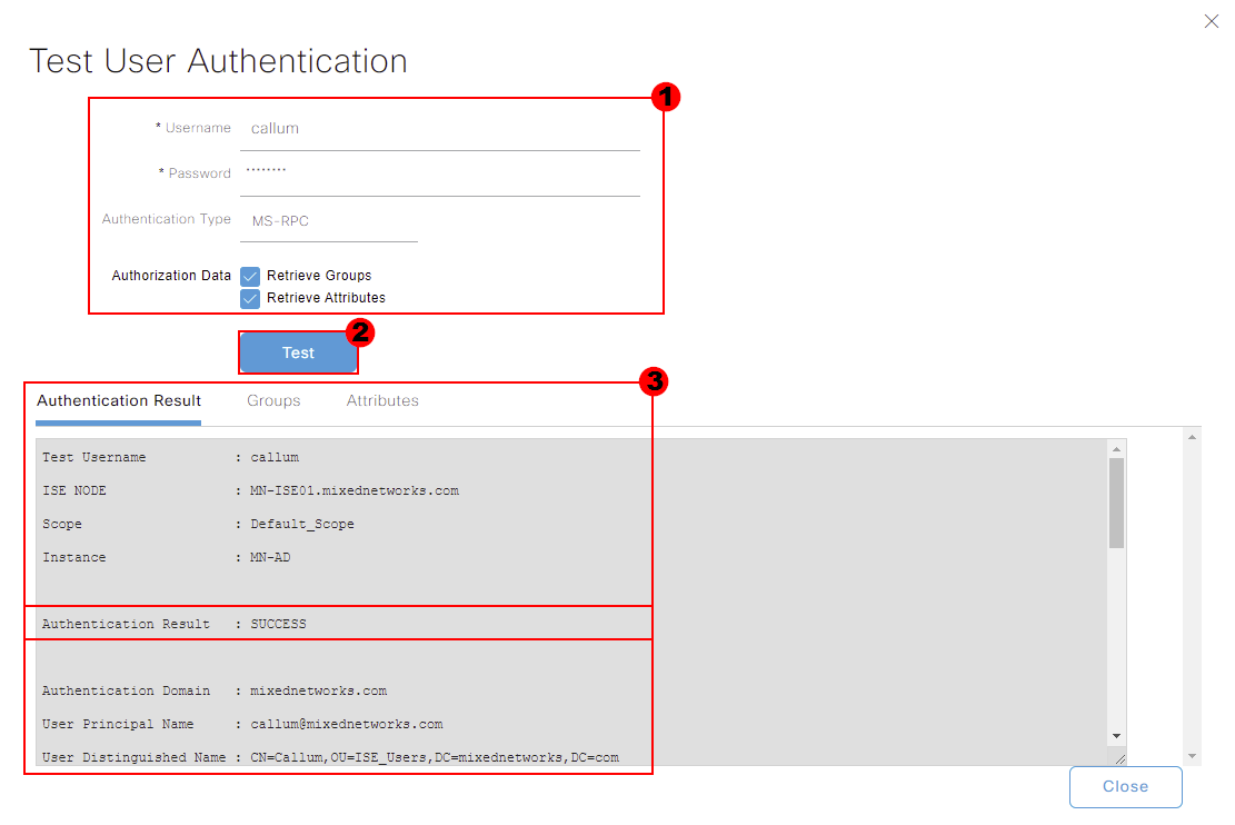 Cisco ISE - AD Test User Success