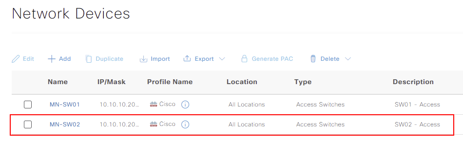 ISE - Network Device Imported